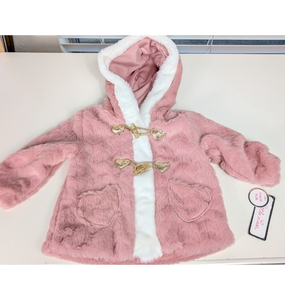 Little Lass Faux Fur Coat Kids 3/6M Pink Heart Toggle Hooded Duffle Jacket
